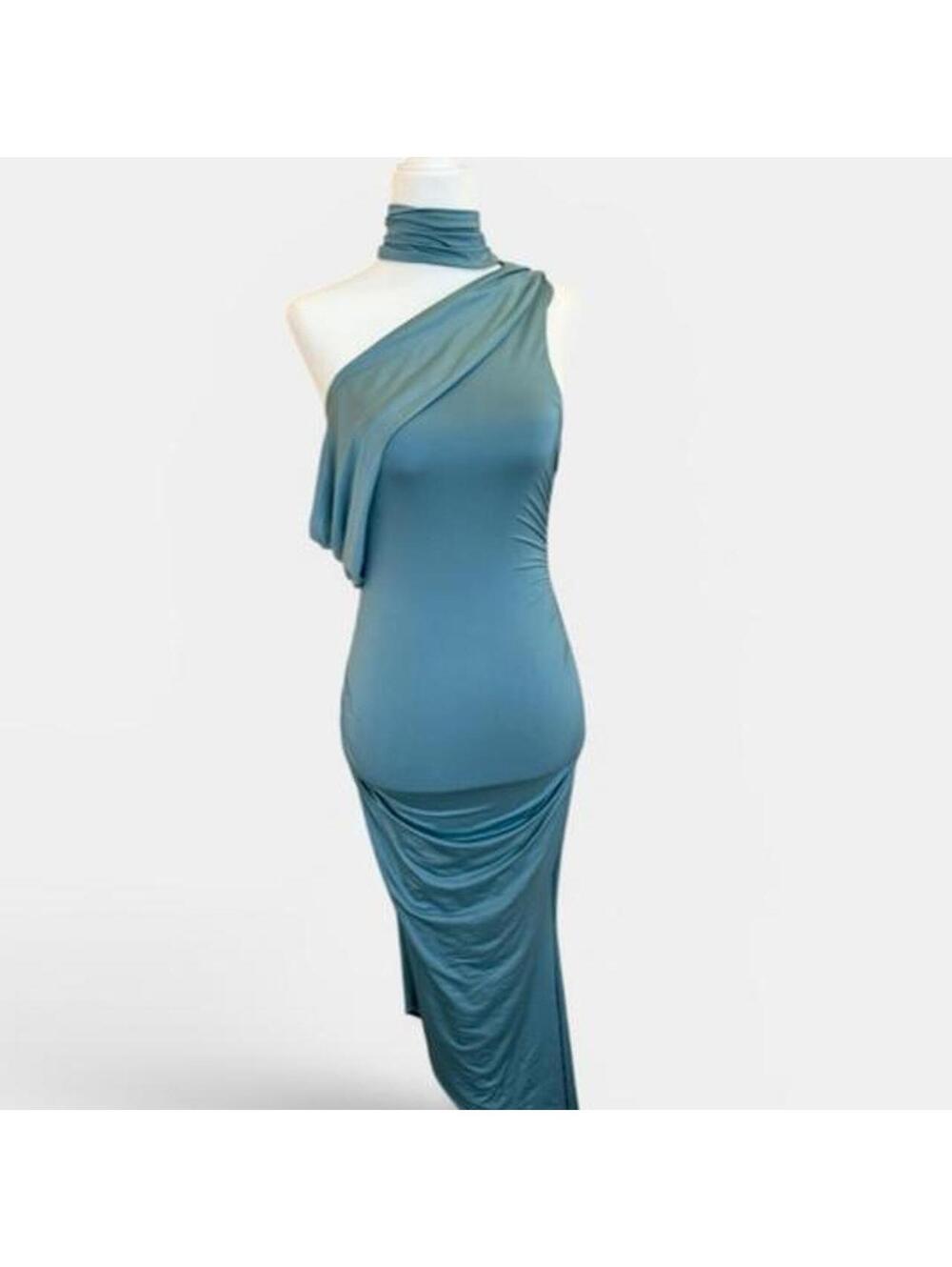Oh Polly Sea Green One Shoulder Ruched Midi Dress | High Neck | US 2